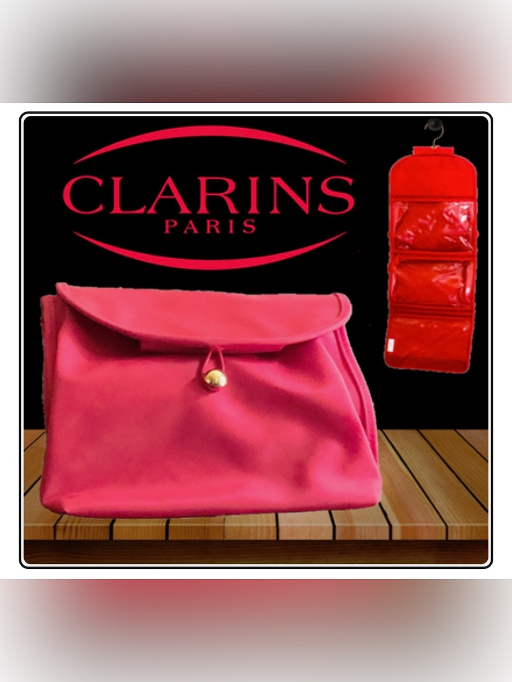 Cree Pour Clarins Paris Red Makeup Cosmetic Case Toiletry Pouch Travel Bag